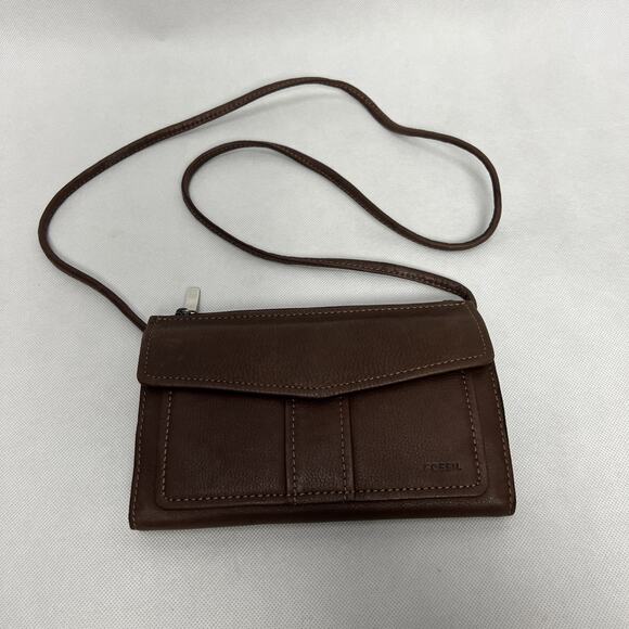 Fossil Emory Brown Peppled Leather Small Wallet Crossbody - Picture 1 of 16